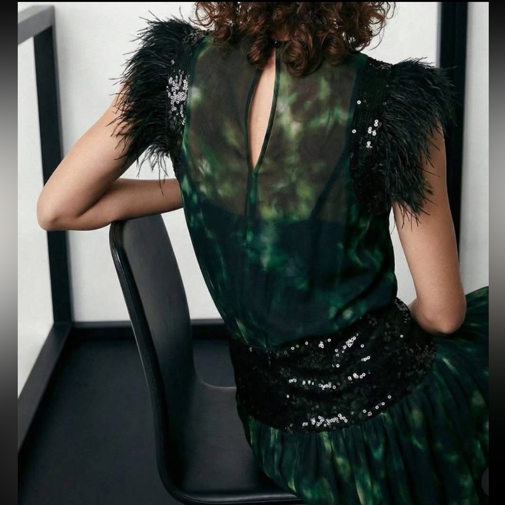 Zara Limited Combination Printed Maxi Dress Green Feather Sequin Evening Med NWT - Picture 7 of 17